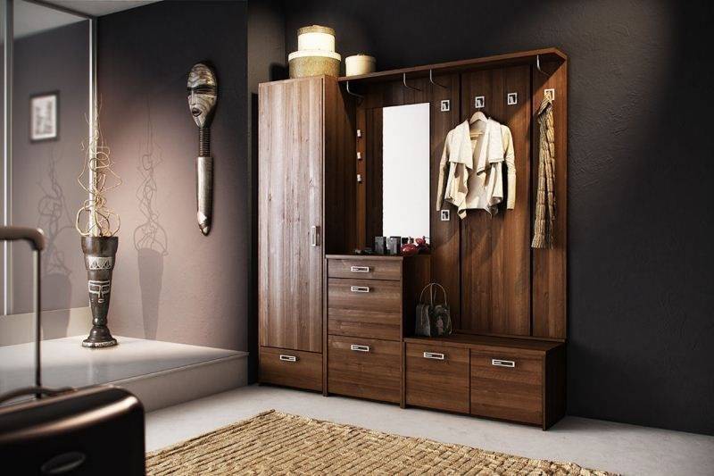 Прихожая Кредо из дерева в современном стиле темно-коричневого цвета с крючками и зеркалом