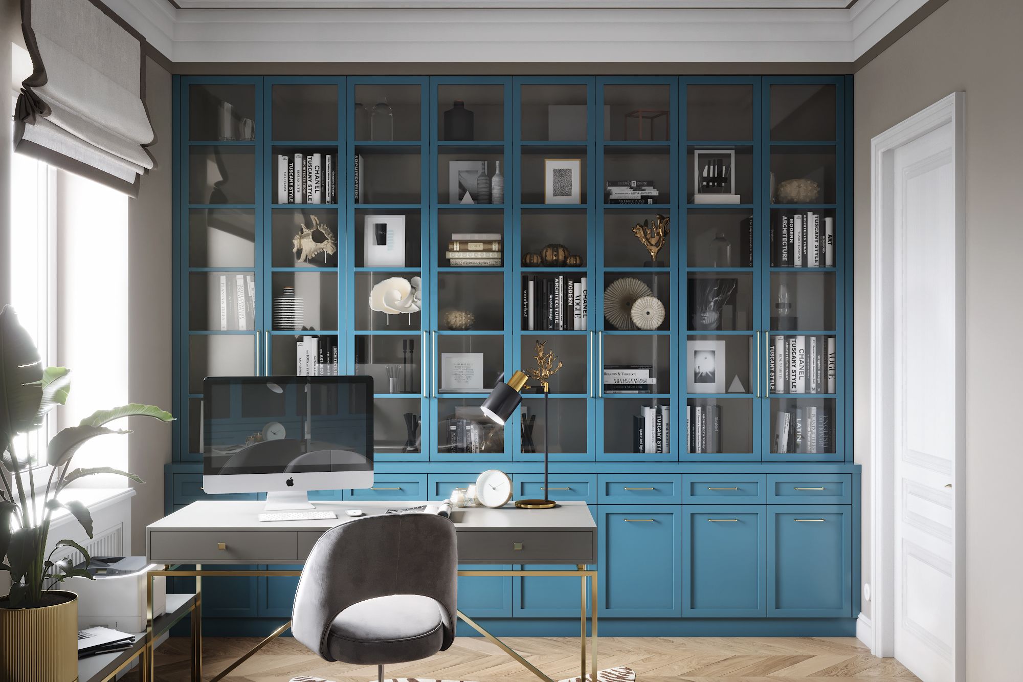 Синий книжный шкаф