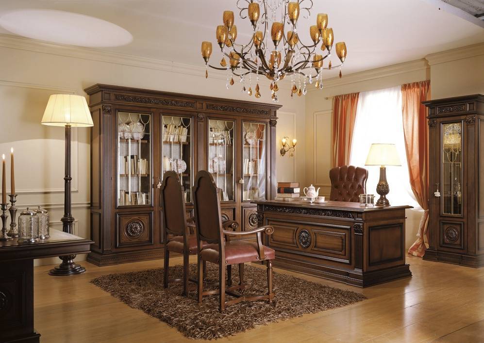 Кабинет Оникс в классическом стилле с высоким шкафом со стеклом 