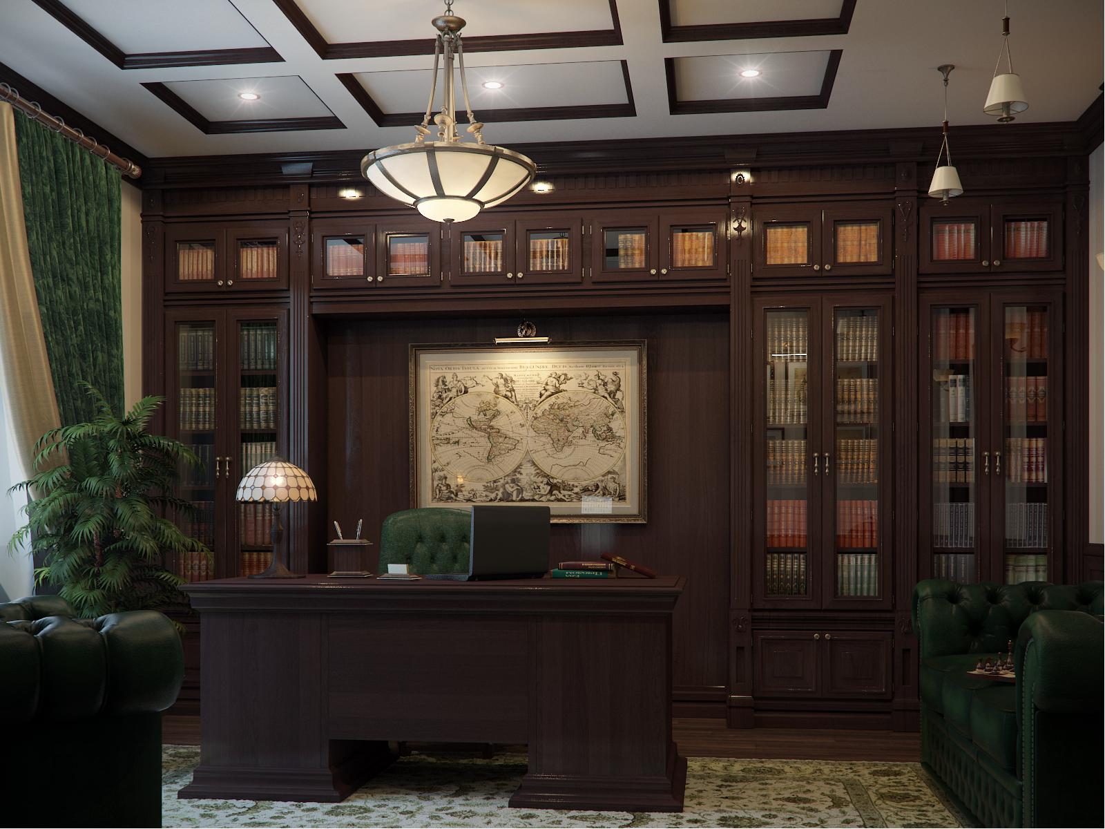 Кабинет Эрудиция в классическом стиле коричневого цвета с длинным столом для переговоров 
