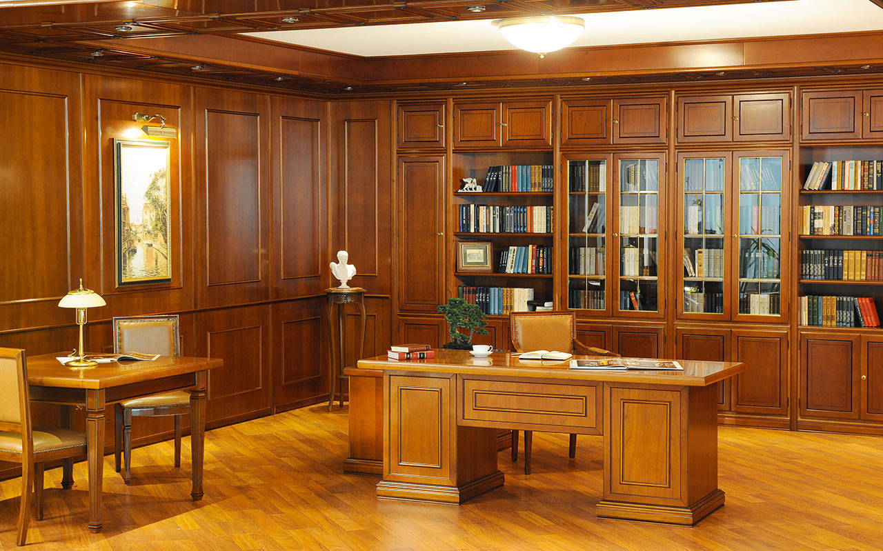 Кабинет Атаман угловой из дерева со встроенным книжным шкафом со стеклом 