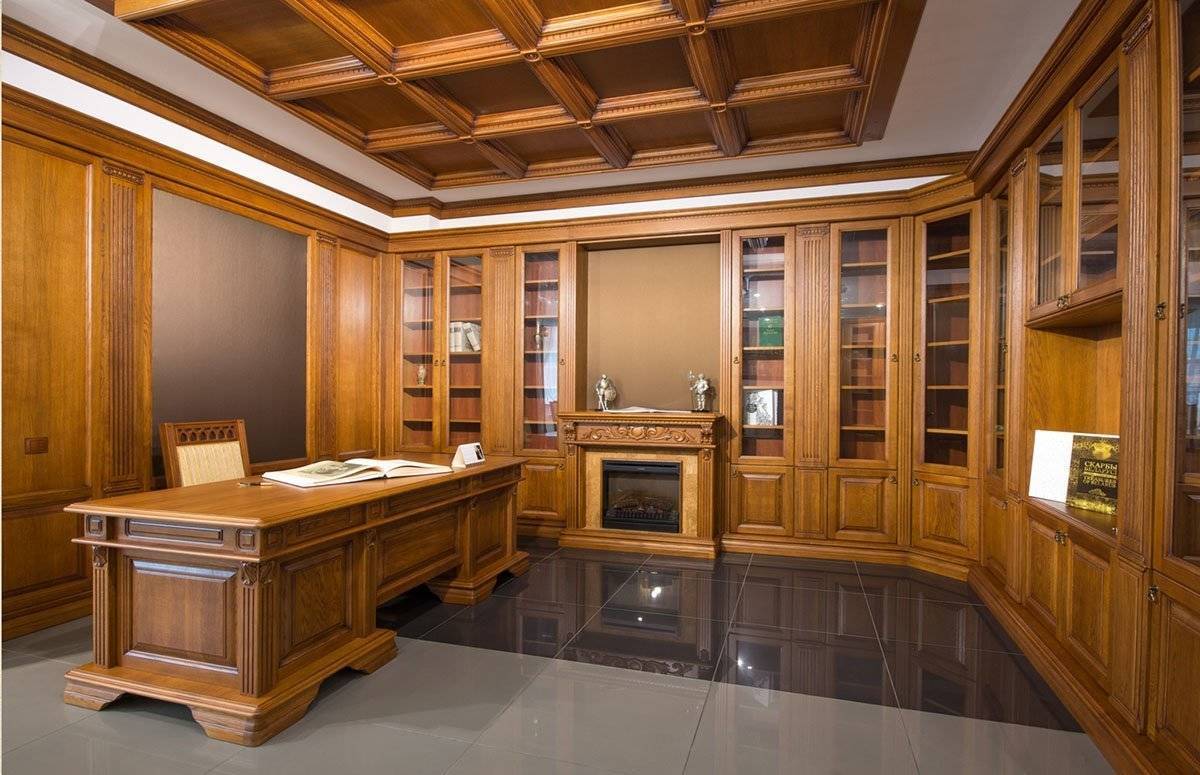 Кабинет Босс из массива в коричневом цвете со встроенными шкафами с полками для книг14