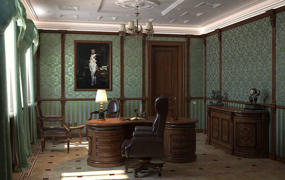 Кабинет Викинг в классическом темном стиле с роскошным столом и встроенными шкафами 