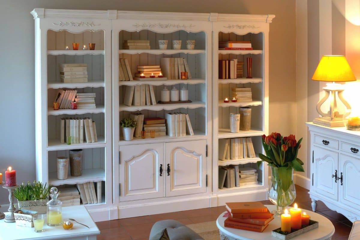 белые книжные шкафы со стеклом в интерьере гостиной