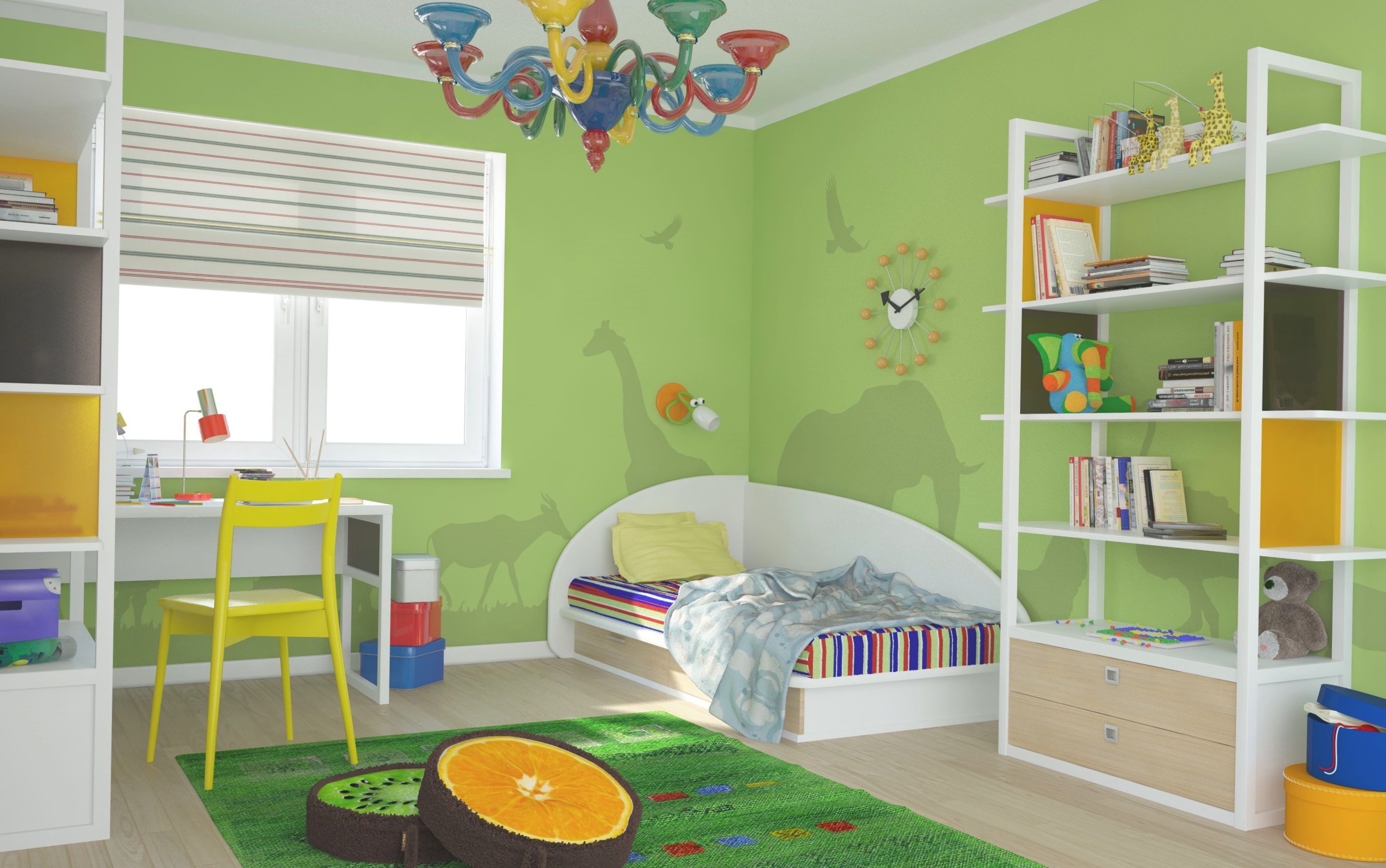 Детская Джустин стильная в разноцветном исполнении со столом и кроватью 