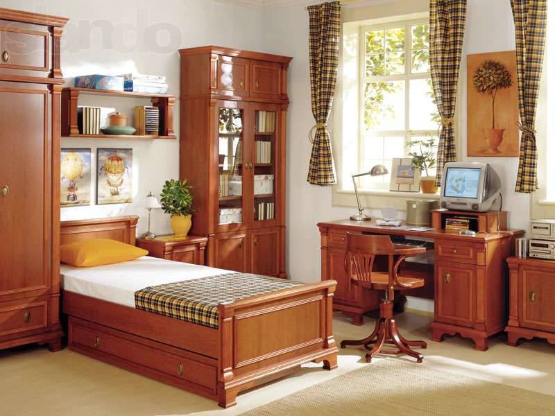 Детская Друид в классическом стиле коричневого цвета два шкафа со столом и кроватью