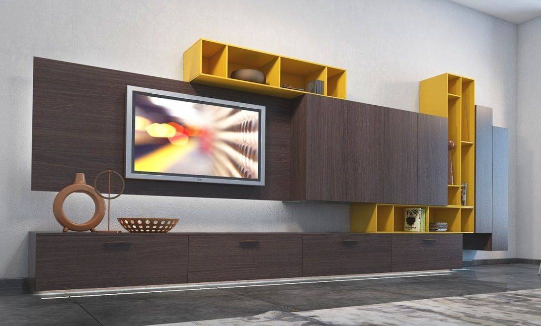 Гостиная Акселл двухцветная в стиле модерн с нишей для телевизора и нижним расположением тумбочек 