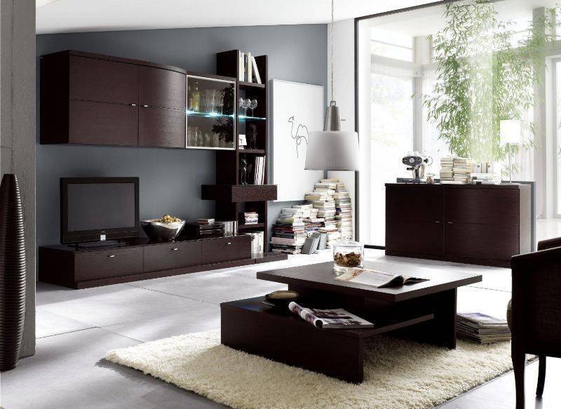 Гостиная Космо в стиле модерн коричневого цвета с выдвижными ящиками и подвесными шкафчиками 