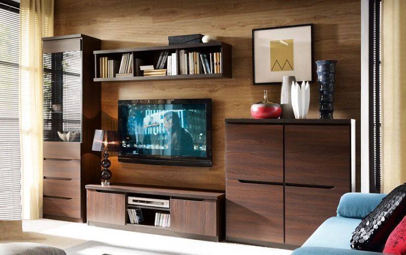 Гостиная Сюрен современная в темно-коричневом цвете с местом для телевизора из нескольких отдельных секций 