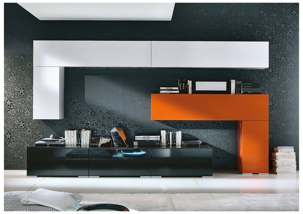 Стенка Трио модерн с красочным оттенком напольная тумба под ТВ подвесные модули сочетание трех цветов белый черный и апельсин