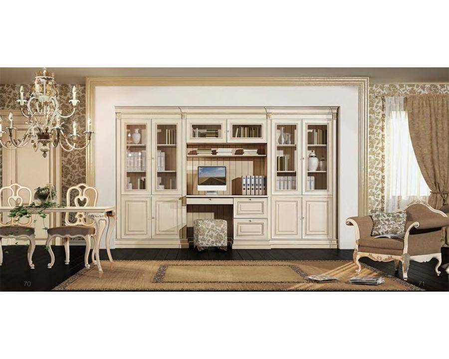 Кабинет Идиллия в белом цвете со встроенным шкафом и мебелью с причудливыми завитками