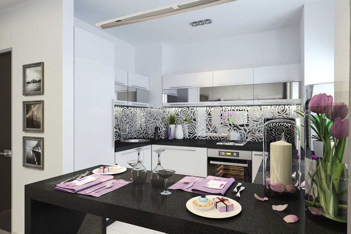 Кухня Джуни угловая белого цвета с зеркальными ставками 