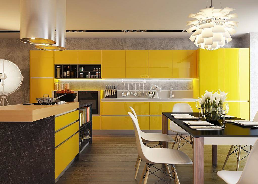 Кухня Эконта прямого типа с островом желтого цвета