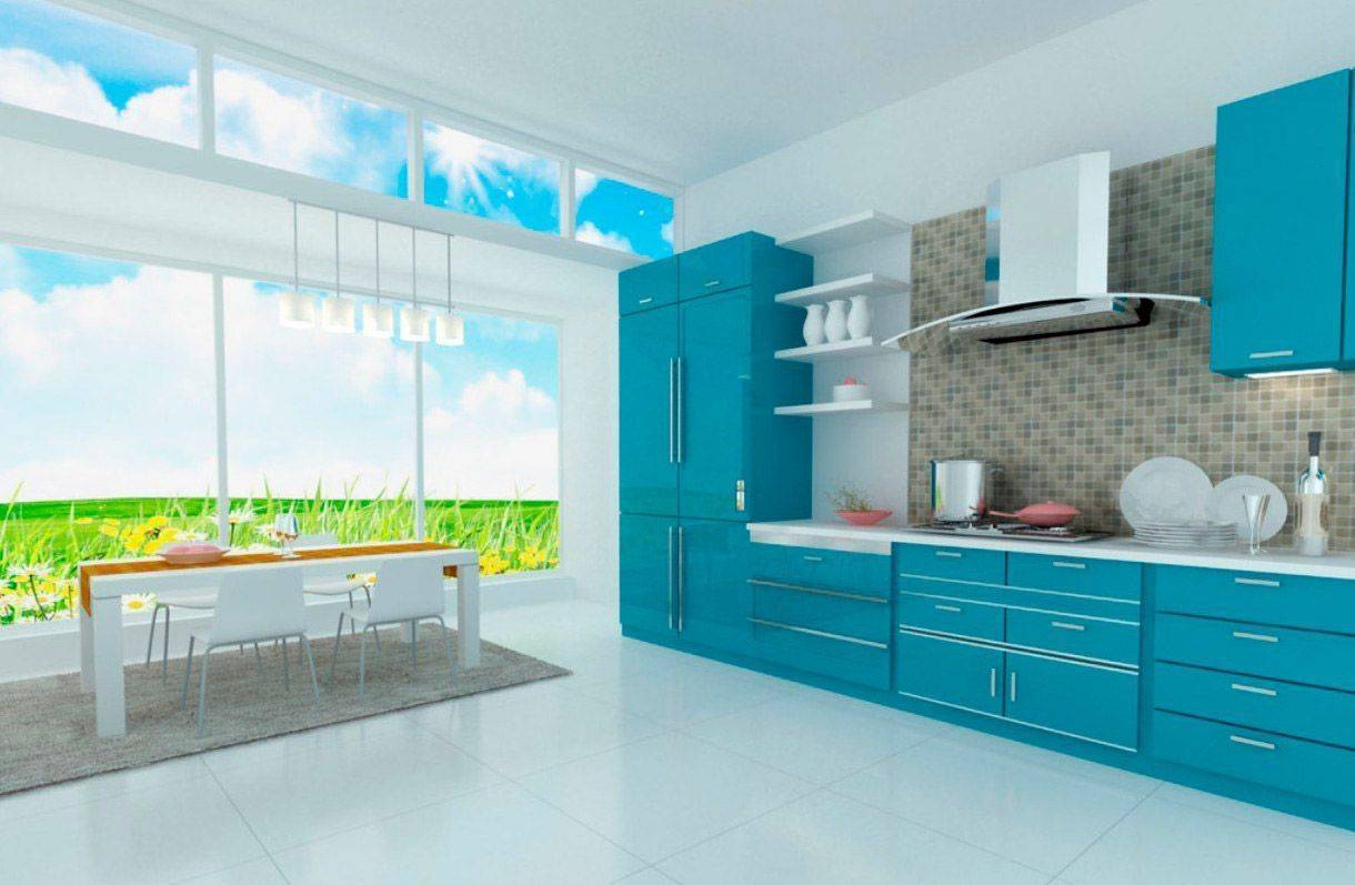 Кухня Элисон прямого типа синего цвета с белой фурнитурой 