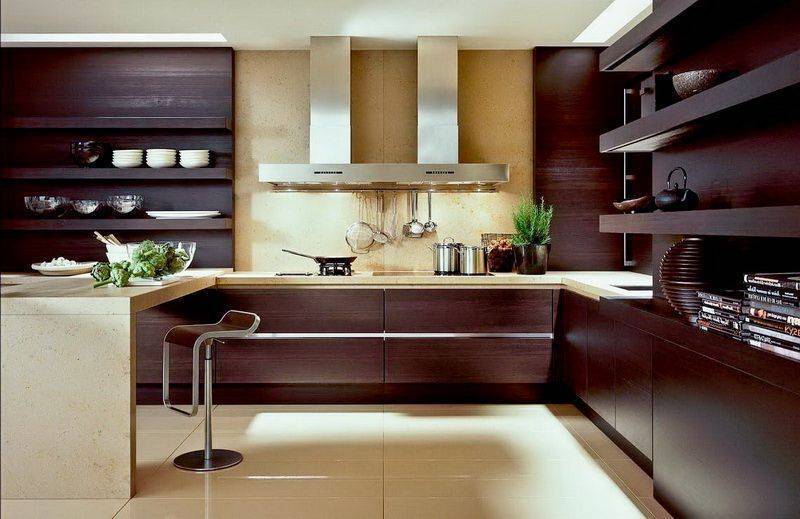 Кухня Элизиум угловая коричневого цвета с открытыми полками