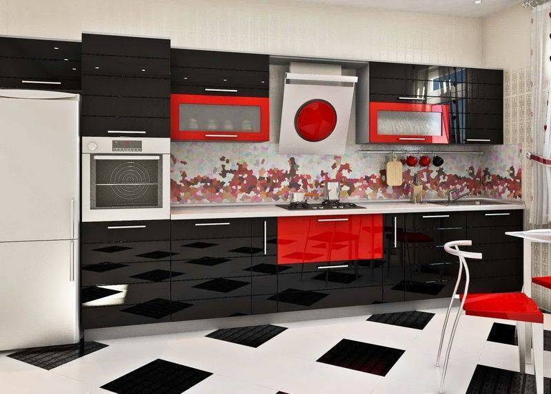 Кухня Энио прямого типа черного цвета с красными вставками 
