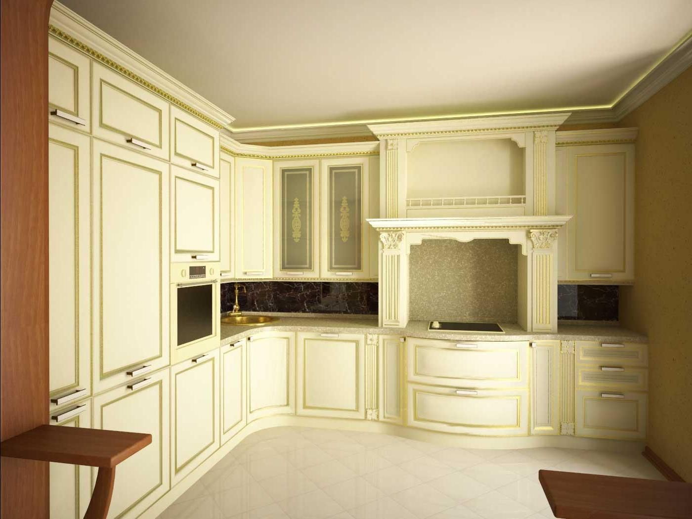 Кухня Федот угловая классического стиля белого цвета с декоративными элементами