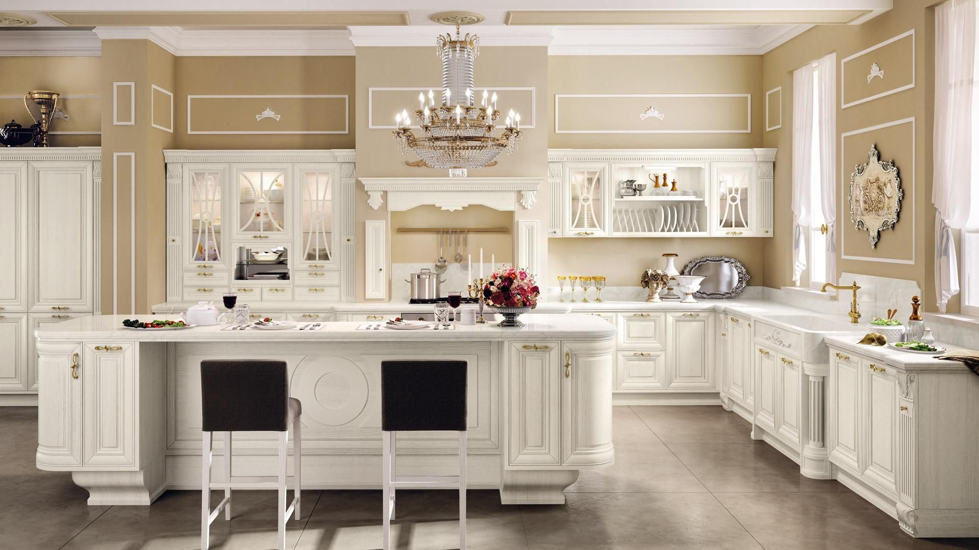 Кухня Фламинго угловая белого цвета в классическом стиле для большой комнаты 