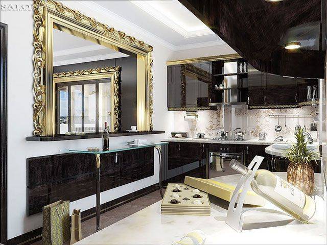 Кухня Фортуна роскошная и гламурная черного цвета с золотыми вставками 