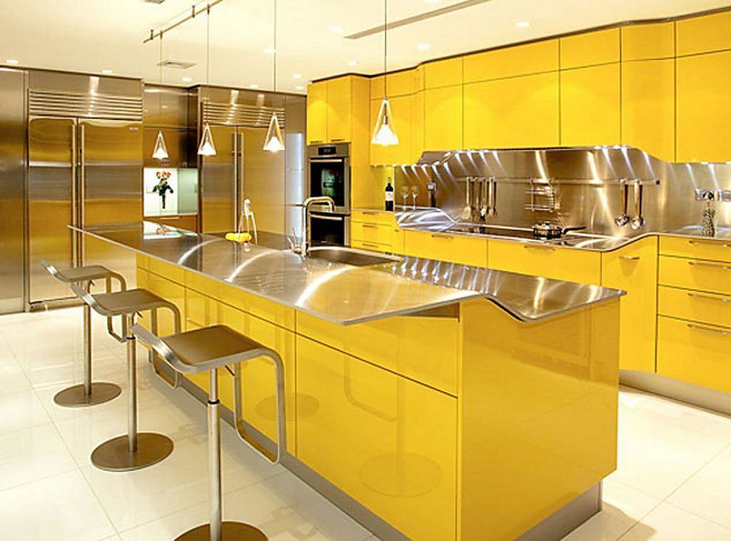 Кухня Грация современная желтого цвета с серой столешницей 