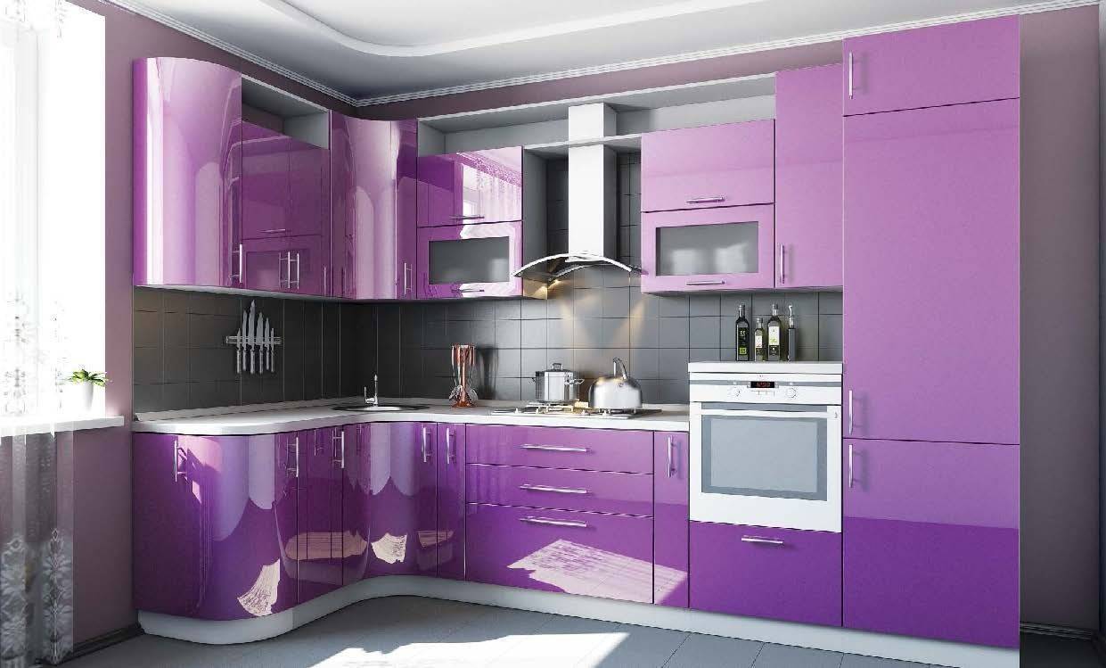 Кухня Кронос угловая фиолетового цвета со скруглёнными углами 