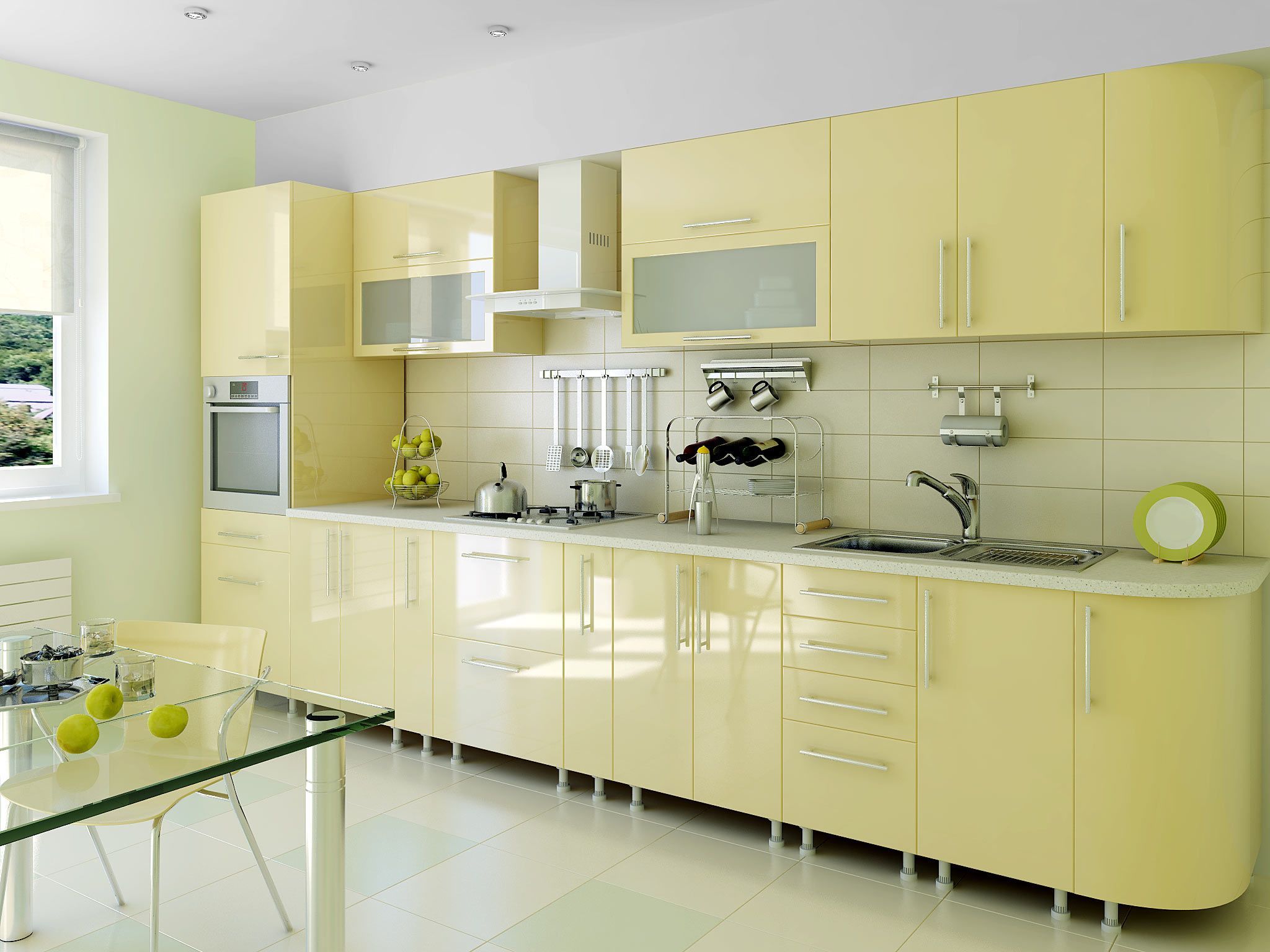 Кухня Марко прямого линейного типа в современном стиле желтого оттенка с вставками из стекла  