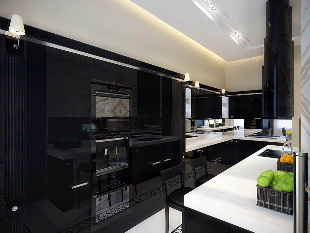 Кухня Нестор в стиле модерн черного цвета с белой П-образной столешницей 