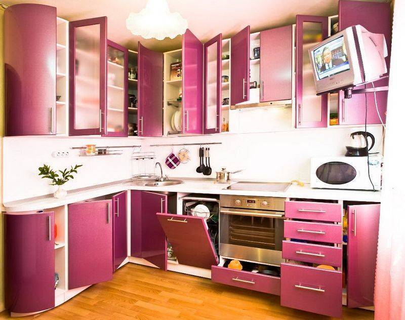 Кухня Орхидея угловая фиолетового цвета со скругленными углами 