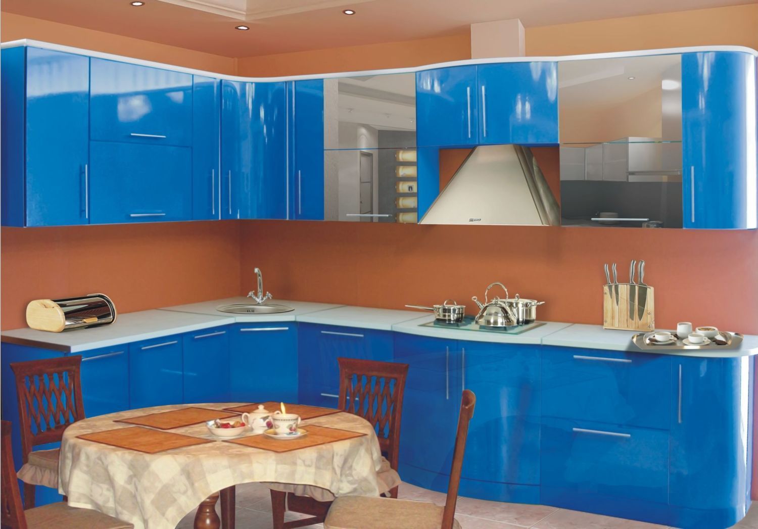 Кухня Полина угловая синего цвета с плавными изгибами на углах 