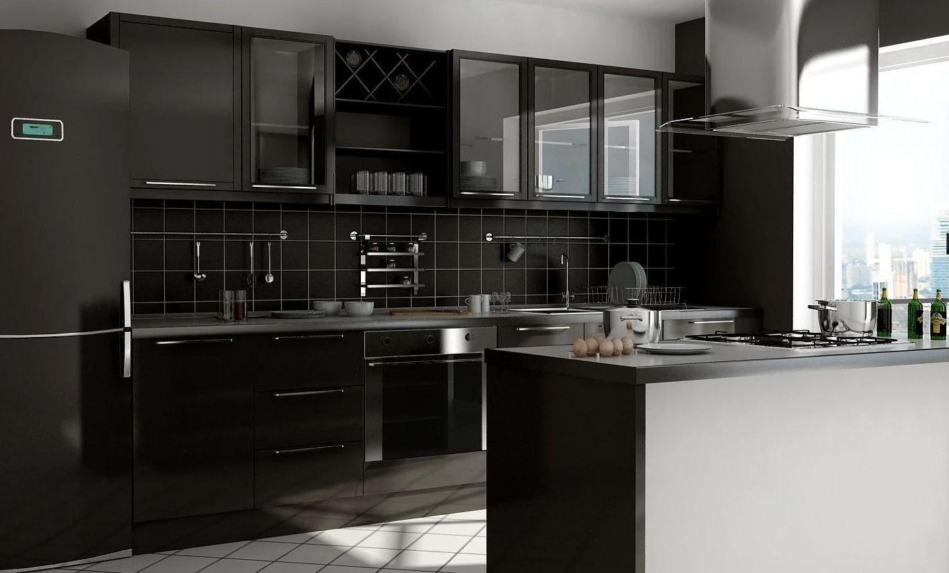 Кухня Шарлотт в стиле модерн черного цвета с подвесными шкафами со стеклом 