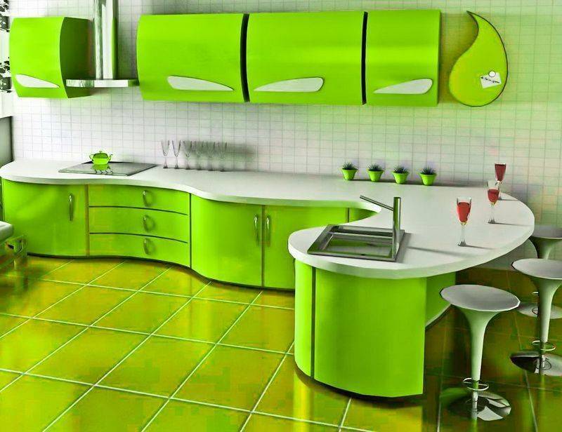 Кухня Сочный лайм с радиусными фасадами и фурнитурой причудливой формы 