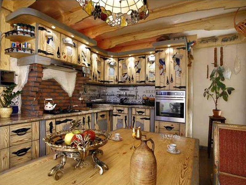 Кухня Тюльпан со встроенной подсветкой и деревянными полочками 