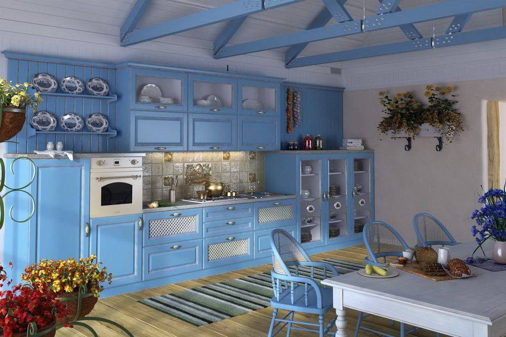 Кухня Юлия прмая голубого цвета из массива