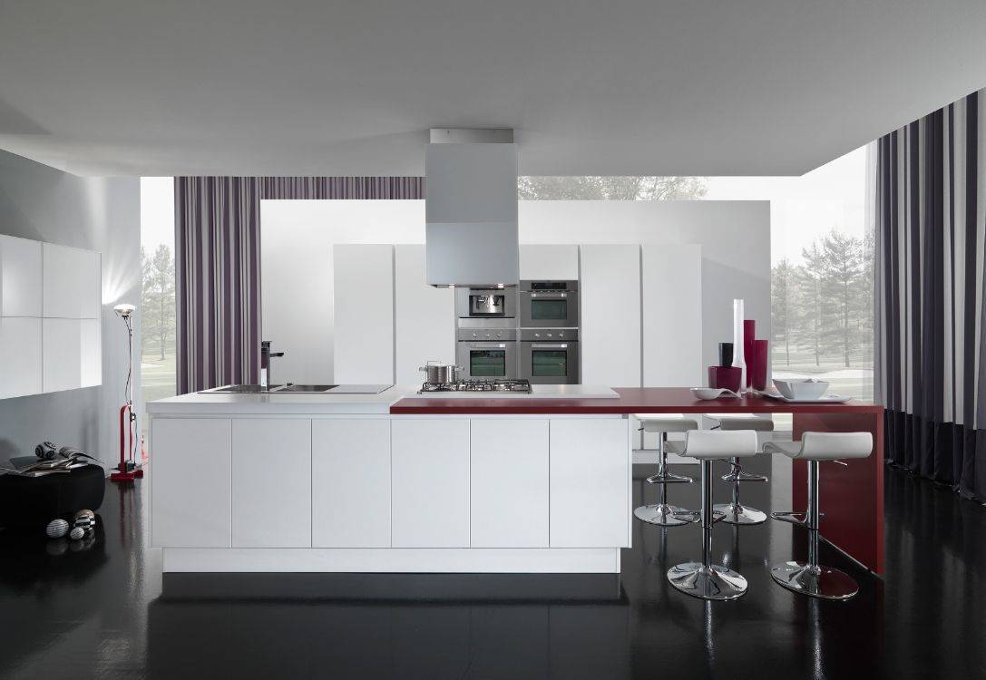 Кухня Вега в стиле модерн белого цвета с выносной красной столешницей 