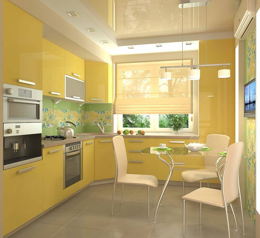 Кухня Вербус угловая желтых оттенков со встроенной техникой серого цвета 