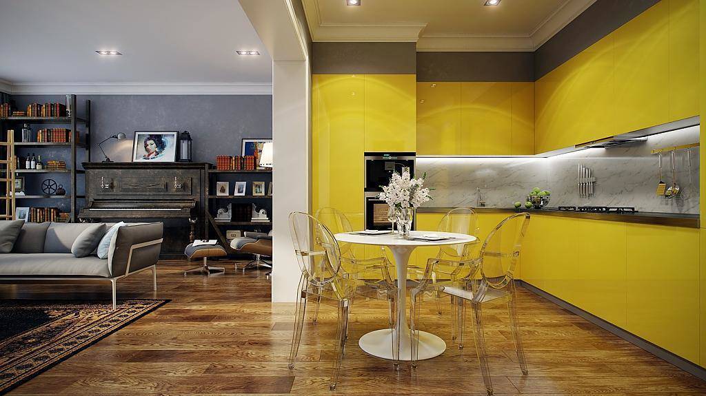 Кухня Верона Лайф встроенная в стиле модерн с желтым фасадом и серой столешницей 