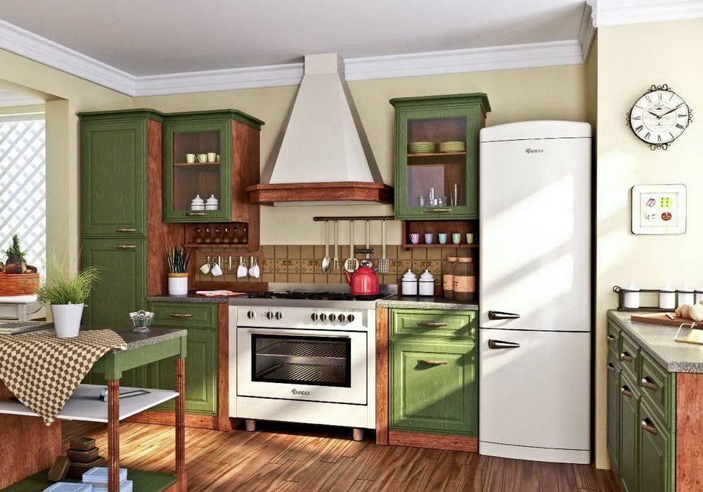 Кухня Время зелено-коричневого цвета с белой встроенной техникой 
