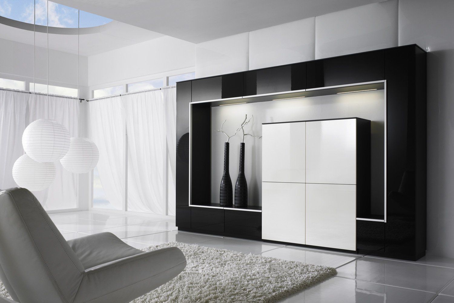 Шкаф Джуни стенка в стиле хай тек с подсветкой 3 лампы крашеное в белых и черных тонах