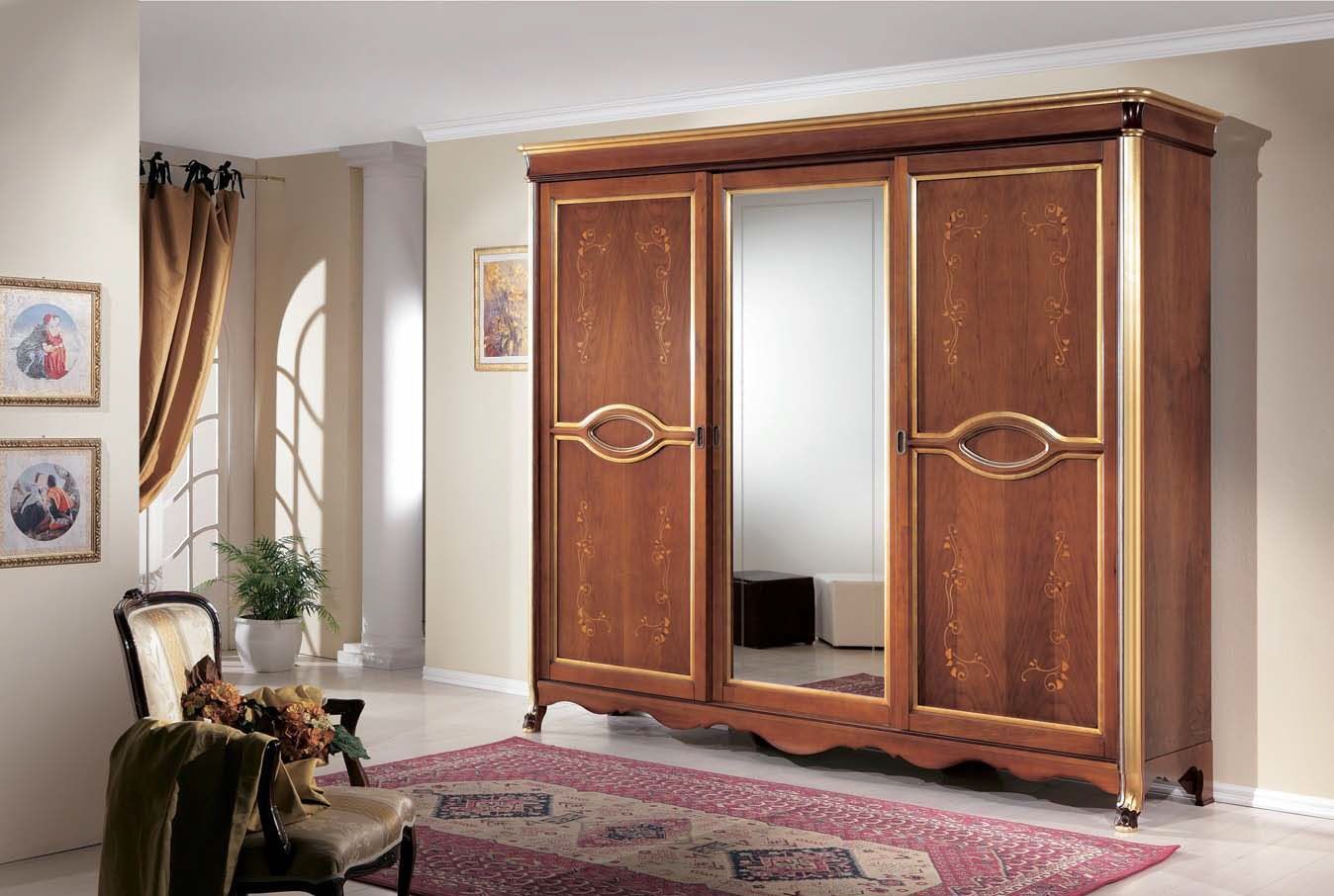 Шкаф Нимфа с зеркалом 2 двери желто-коричневое древо с золотыми вставками