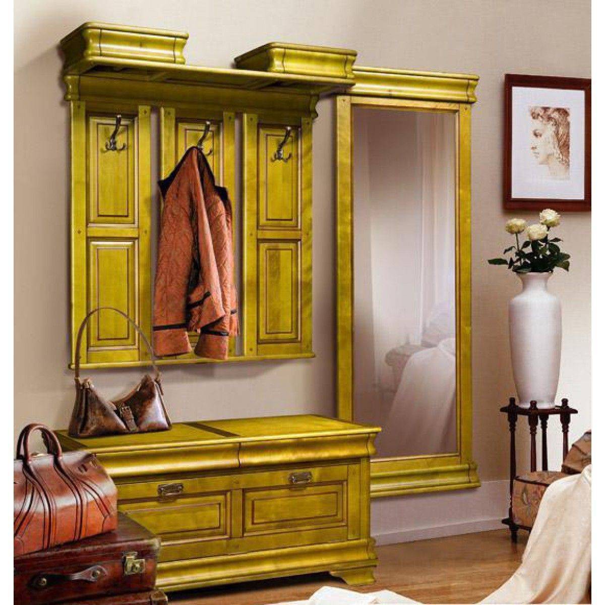 Прихожая Горчица в классическом стиле золотого цвета с крючками и отдельным большим зеркалом 